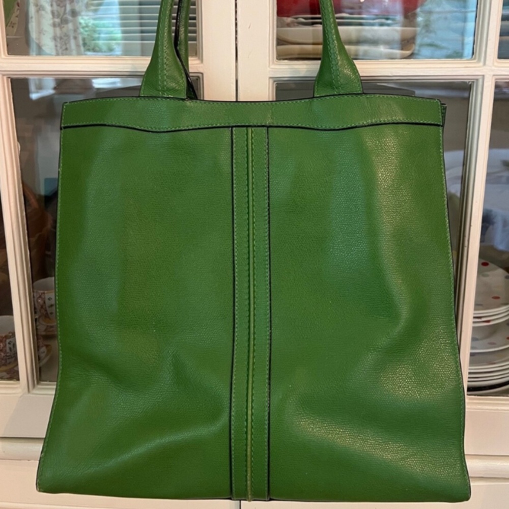 VALEXTRA Green Leather Punch Tote, RARE